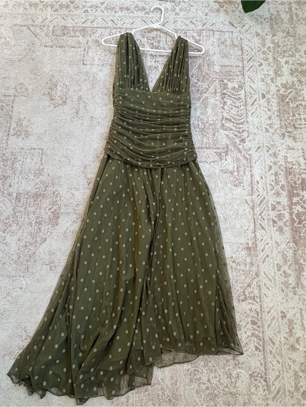 Badgley Mischka Olive Polka Dot Mesh Ruched Dress